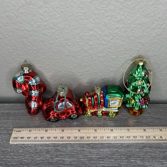 Lot Of 4 Hand Blown Glass Christmas Ornaments Tree, Train, Car, Candy Cane - Picture 3 of 4